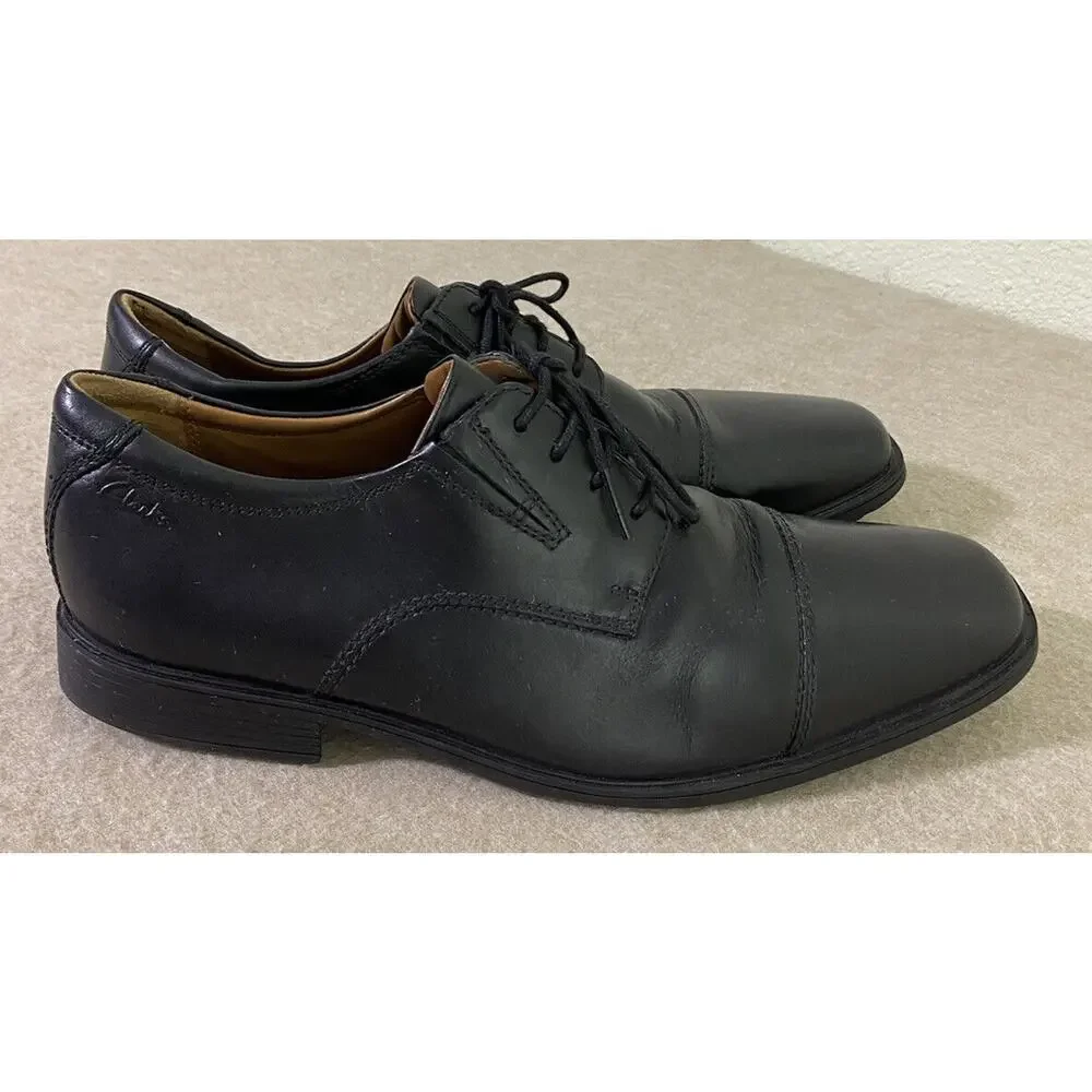 Men's Clarks Tilden Cap Oxford Black Leather Dress Shoes Sz 10 Cushion Ortholite